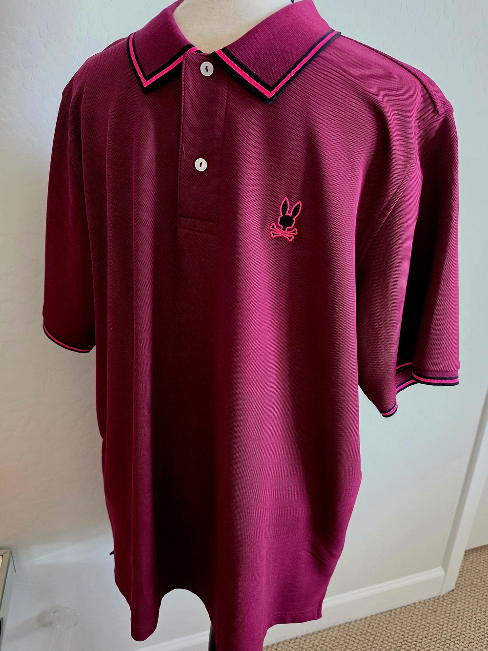 Psycho Bunny Men's Magenta Polo with Black & Hot Pink Trim Never worn